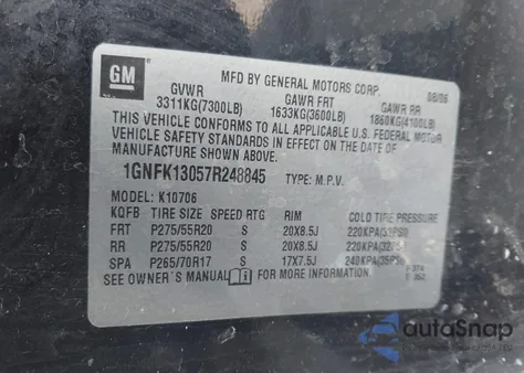 2007 Chevrolet Tahoe Ltz z USA, uszkodzony, nr VIN 1GNFK13057R248845